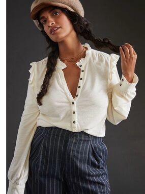 Anthropologie—-Pilcro Cream Ruffle-Trim Button Henley. Size medium
